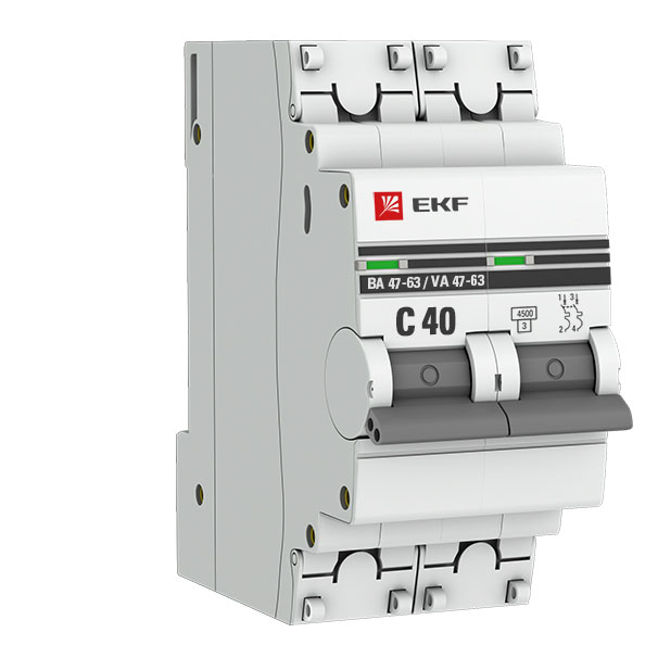 Автоматический выключатель 2P 40А (C) 4,5kA ВА 47-63 EKF PROxima Двухполюсной автомат ВА 47-63