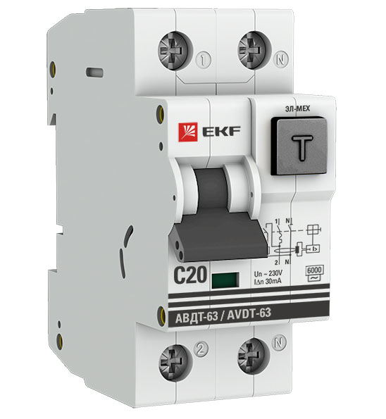 Дифференциальный автомат АВДТ-63 20А/30мА (характеристика C, эл-механический тип AС) 6кА EKF PROxima Дифференциальный автомат АВДТ-63 20А/30мА