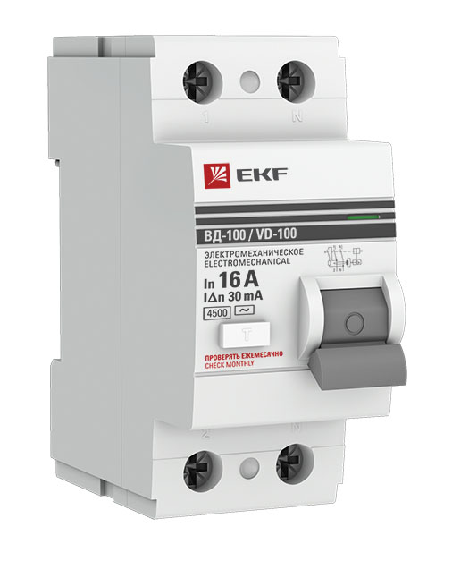 Устройство защитного отключения УЗО ВД-100 2P 16А/ 30мА (электромеханическое) EKF PROxima Устройство защитного отключения ВД-100